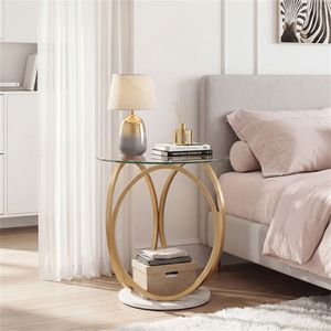Mesa Auxiliar Redonda Moderna de 2 Niveles en Dorado y Blanco con Tapa de Vidrio Templado y Base de Imitación Mármol - Product Image 2