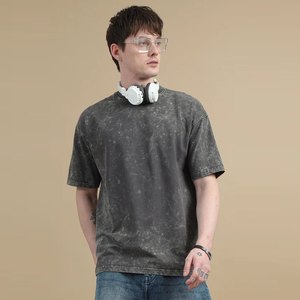 เสื้อยืดโอเวอร์ไซส์สีดำล้างสี ผ้าฝ้าย คอกลม แขนสั้น สไตล์ลำลอง สตรีทแวร์ ผ้าเจอร์ซีย์ถัก - Product Image 1