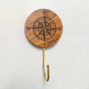 Personalized Wooden <b>Wall</b> <b>Hook</b> with Compass Engraving North East West Design Brass <b>Hook</b> <b>Wall</b> <b>Hook</b> for Hanging <b>Keys</b> Bags Towels - Product Image 1
