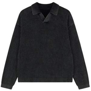 Pull polo côtelé pour homme, noir, manches longues, effet délavé, doux et texturé, décontracté, hiver, OEM - Product Image 1