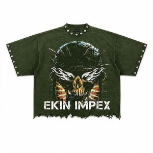 EKIN IMPEX Men's Oversized <b>Skull</b> Print T-Shirt Punk Style Short Sleeve Casual Shirt Green Distressed Hem Studs Front Logo - Product Image 1