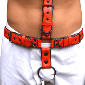 Adjustable Chest and Waist Straps With Black Metal Buckles Fashion Streetwear & Costume Gear Red <b>Leather</b> Body <b>Harness</b> For Men - Product Image 4