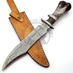 Cuchillo de hoja fija forjado a mano de acero de Damasco, tipo Bowie, con mango de hueso de color OEM y guardacuchillo de latón, cuchillo táctico para exteriores de alta durabilidad. - Product Image 1