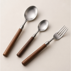 Ensemble de couverts en acier inoxydable très vendu avec manche en bois de noyer naturel, vaisselle rétro écologique pour la maison à bon prix - Product Image 1