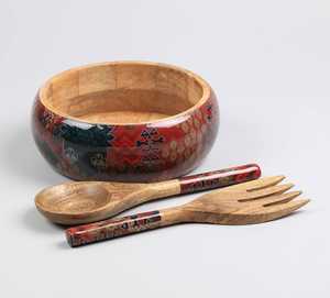 Bol à salade moderne de luxe en bois émaillé imprimé avec ensemble de cuillères – Vaisselle élégante faite à la main pour la salle à manger, la cuisine et la décoration intérieure - Product Image 1
