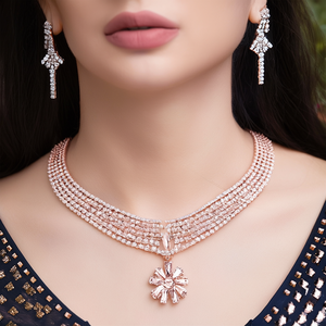 Conjunto de Joyería de Moda, Chapado en Oro Rosa, con Circonita Cúbica, Collar y Pendientes Colgantes con Diamantes Americanos para Mujer-AD0039RG - Product Image 3