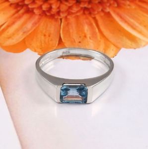 Blue Topaz Men's Unisex Engagement <b>Ring</b> 925 Sterling <b>Silver</b> 14k Gold Plated <b>Emerald</b> Cut Bezel Setting Luxury Gemstone - Product Image 2