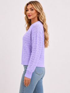 Suéter de Punto Morado para Mujer, Cuello Redondo, Manga Larga, Color Sólido, Informal, Otoñal, Nailon/Acrílico, Antipilling, Corte Regular - Product Image 3