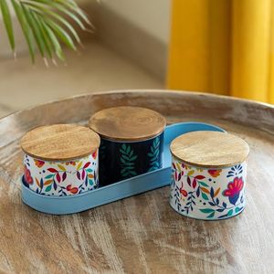 Floral Metal Spice <b>Containers</b> With Wooden Lids Airtight Food <b>Storage</b> Set <b>For</b> <b>Kitchen</b> Use - Product Image 6