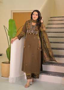 Ensemble Salwar en coton marron longueur cheville avec broderie et dupatta – Tenue ethnique traditionnelle pour femme – Inde, Pakistan – Décontracté, séchage rapide, toutes saisons - Product Image 5