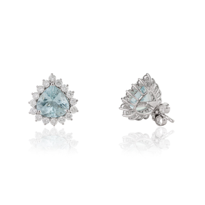 Boucles d'oreilles luxueuses en or blanc 18 carats pur, serties d'aquamarine et de diamants taille trillion, 100 % authentiques, pour femme - Product Image 5