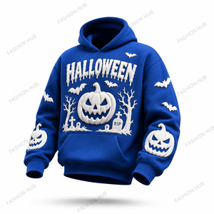 Sudadera con Capucha Personalizada con Gráficos 3D de Halloween para Hombre, Sudadera Azul Rey con Estampado de Calabazas, Murciélagos y Cementerio, de Algodón y Felpa, Estilo Casual - Product Image 2