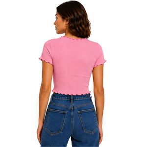 Camiseta Corta Rosa Personalizada con Ribetes para Mujer, Manga Corta, Cuello Redondo con Volantes, Algodón y Spandex, Ajuste Delgado, Casual de Verano - Product Image 2