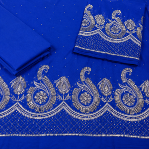 Tissu George bleu roi écologique perlé avec broderie paisley argentée et détails de sequins, idéal pour les tenues de luxe africaines de mariage et de fête pour filles - Product Image 2