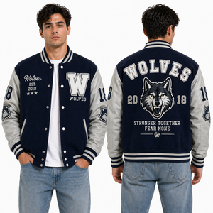 Chaqueta Universitaria Wolf, Chaqueta Letterman con Bordado de Animales, Mangas de Cuero y Lana, Chaqueta Universitaria Personalizada, Proveedor OEM - Product Image 1