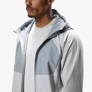 Survêtement gris clair pour homme, à blocs de couleur, manches longues, à capuche, avec fermeture éclair, sportif, respirant, en polyester, coupe classique, pour le printemps - Product Image 3