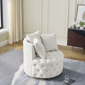 Poltrona Girevole in Velluto con Design Trapuntato a Bottoni e Ruote Mobili, Set per Soggiorno con 3 Cuscini Beige - Product Image 3
