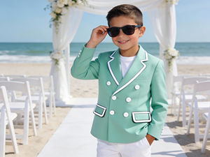 Costume de blazer vert menthe à double boutonnage pour garçons avec passepoil blanc |   Veste de cérémonie et de fête pour enfants - Product Image 2