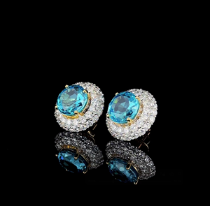Luxury Round Cut Blue Gemstone & Lab Grown Diamond Halo <b>Stud</b> <b>Earrings</b> in Gold <b>Fine</b> Jewelry - Product Image 2