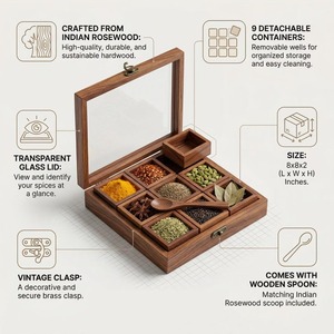 Organizador de especias redondo de madera de alta demanda con tapa de vidrio transparente para guardar hierbas, masala y frutos secos en venta. - Product Image 5