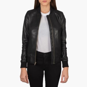 Chaqueta Bomber de Cuero Genuino para Mujer, Manga Larga, Cuello Alto, Cierre de Cremallera, para Otoño, Color Sólido, Corte Regular - Product Image 1
