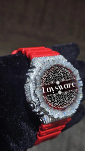 Laysware Luxury VVS Moissanite Watch Rhinestone Bezel Analog Digital Display <b>Red</b> Silicone Strap Unisex Hip Hop Watch - Product Image 4