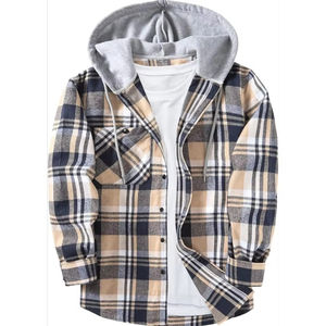 T-shirt à capuche en flanelle à carreaux tendance, coupe décontractée, pour hommes et femmes, à manches longues, vente en gros personnalisée - Product Image 1