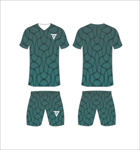 Custom sublimated <b>soccer</b> uniform set for men with dark teal and black interconnected pattern print jersey and matching shorts - Product Image 1