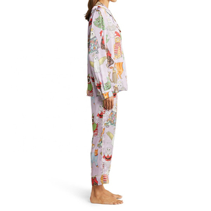 Women's Breathable Super Soft Modal Knitted Fabric Pajamas Set Long Sleeves <b>Elastic</b> Waist Front <b>Lace</b> Embroidery Knee Length - Product Image 4