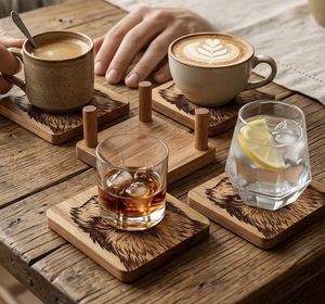 Juego de Posavasos Cuadrados de Madera Hechos a Mano con Diseño de Águila, Tapetes y Almohadillas Rústicas de 10 cm de Diámetro, Acabado Natural, Accesorio Decorativo para Mesa - Product Image 2