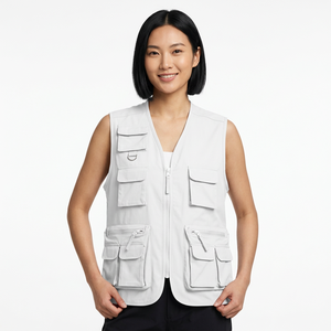 Gilet Safari Blanc pour Homme avec Fermeture Éclair, Col Montant et Multiples Poches - Product Image 5