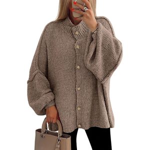 Suéter Cárdigan de Punto Grueso con Botones para Mujer, Estilo Moderno para Otoño/Invierno, Cuello Alto, Manga Larga, Estilo Linterna - Product Image 3