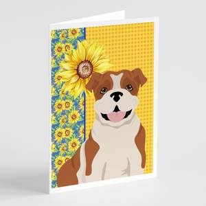 Tournesols d'été Bulldog anglais rouge Cartes de vœux Pack 8 cartes vierges avec enveloppes A7 Taille fantaisiste 5x7 pouces - Product Image 1