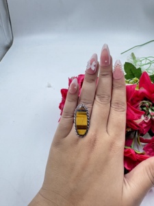 Natural Tiger Eye Big Stone <b>Adjustable</b> Brass 925 <b>Silver</b> Plated Trendy Handmade Vintage Gemstone <b>Ring</b> - Product Image 3