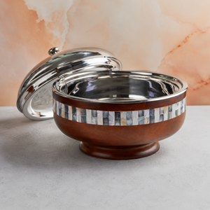 Casserole en bois sur piétement avec incrustations de nacre – 3,5 L, fabriquée à la main |   Avec noyau en acier inoxydable - Product Image 2
