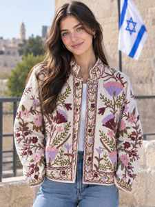 Floral Embroidered Cotton Jacket with V-neck Collar Full Sleeve <b>Reversible</b> Quilted Winter Women's Short <b>Coat</b> - Product Image 5
