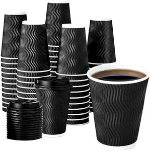Confezione da 60 Bicchieri di Carta Ondulata Isolati da 350 ml, Monouso per Caffè e Succhi, Neri, con Coperchi Impermeabili Inclusi - Product Image 1