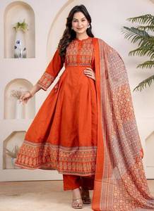 <b>Women</b> Cotton Salwar Kameez Set Orange Embroidered Traditional Ankle-Length Loose Fit Ethnic Outfit for Casual Wear India - Product Image 4