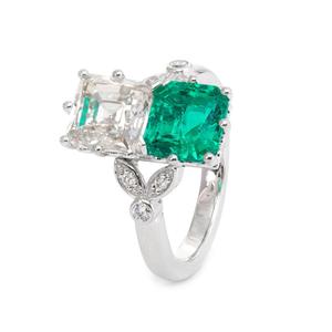 Premium 2ct Two-<b>Stone</b> Emerald Cut Lab Grown Diamond and Emerald Ring with Floral Accent 14K Solid Gold IGI Certified - Product Image 1