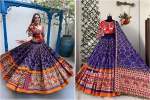Ensemble Lehenga Choli de créateur violet pour Navratri, en coton mousseline épais, avec broderie de miroirs authentique et imprimé numérique, pour Garba Dandiya et soirées d'hiver - Product Image 4