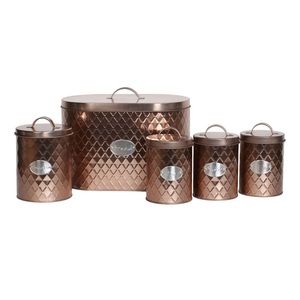 Rose Gold Stainless Steel Bread Bin and Canister Set 5 PCS Textured Metal Food Storage Jar Combo Set with Silver Nameplate <b>Label</b> - Product Image 1