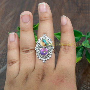 Anillo de Plata de Ley 925 Hecho a Mano con Doble Piedra de Turquesa Cobre Púrpura Natural y Turquesa Ostra Azul, Anillo de Declaración para Mujer - Product Image 4