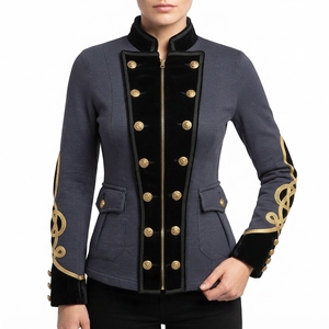 Veste de cérémonie pour femme, style hussard, bleu marine et or, tressée, avec garniture en velours noir, ajustée, style napoléonien - Product Image 3