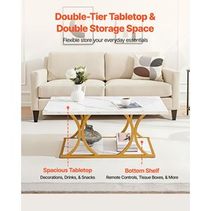 Tavolino da Caffè Moderno a 2 Livelli in Finto Marmo con Gambe Geometriche in Metallo, Robusto e Minimalista - Product Image 4