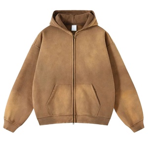 Custom Heavyweight Cotton Zip Up Hoodie Vintage Washed Oversized Blank Drop Shoulder Mens Zip Up Hoodie - Product Image 2