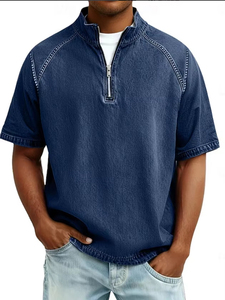 Polo Homme Vintage Américain Lavé, 100% Coton, Demi-Zip, Coupe Slim, Manches Courtes, Décontracté, Été, Logo Personnalisé - Product Image 2