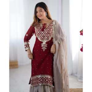 Conjunto de traje de fiesta para mujer de diseñador con parte superior bordada-Aspecto elegante Plazzo y Dupatta - Product Image 4