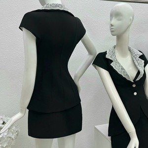 Women's Black Woven <b>Blazer</b> <b>Set</b> Lace Peter Pan Collar Short Sleeve Casual Ruched One Piece Above Knee Solid Summer Wear Buttons - Product Image 3