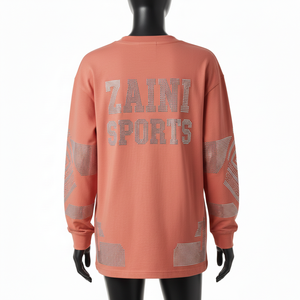 Camiseta de manga larga para mujer, de algodón grueso, estilo jersey, talla grande, con logotipo de diamantes de imitación con transferencia térmica, corte informal. - Product Image 2