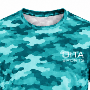 เสื้อยืดคอกลมแขนสั้นผู้ชายลายพรางสีเขียวอมฟ้า ผ้าฝ้าย 100% ระบายอากาศได้ดี แห้งเร็ว น้ำหนักเบา เหมาะสำหรับเล่นกีฬา ออกกำลังกาย และกิจกรรมต่างๆ - Product Image 3